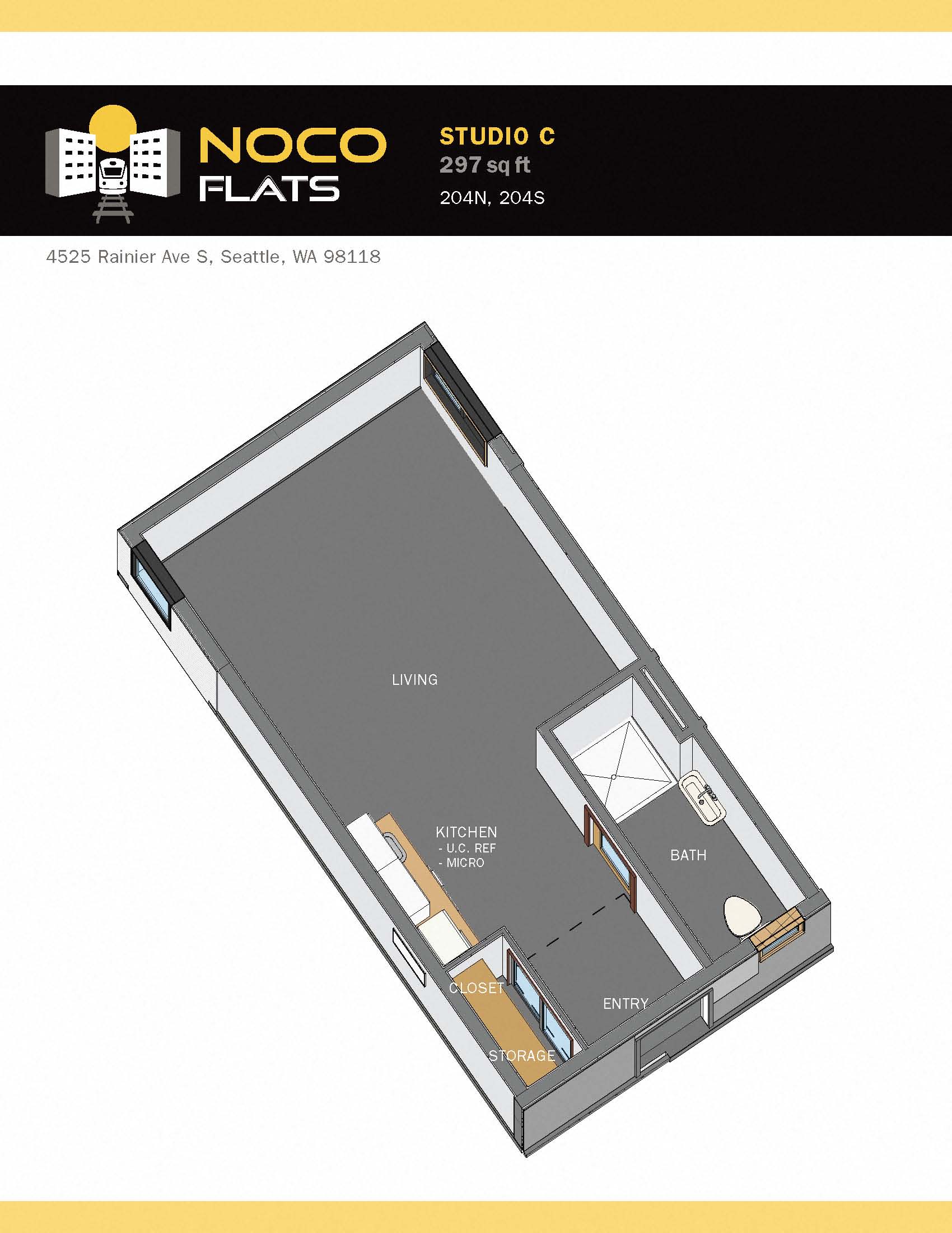 Floor plan for studio, 1 bath, 297 sqft